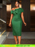 AOMEIDRESS Elegant Jacquard Dress Slash Neck Bodycon with Big Bow DarkGreen / S