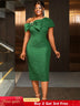 AOMEIDRESS Elegant Jacquard Dress Slash Neck Bodycon with Big Bow DarkGreen / S
