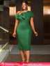 AOMEIDRESS Elegant Jacquard Dress Slash Neck Bodycon with Big Bow DarkGreen / S