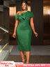 AOMEIDRESS Elegant Jacquard Dress Slash Neck Bodycon with Big Bow DarkGreen / S