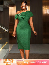AOMEIDRESS Elegant Jacquard Dress Slash Neck Bodycon with Big Bow DarkGreen / S