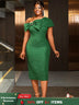 AOMEIDRESS Elegant Jacquard Dress Slash Neck Bodycon with Big Bow DarkGreen / S