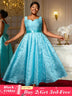 AOMEIDRESS Elegant Jacquard Floral A Line Pleated Wedding Guests Dress LightBlue / S