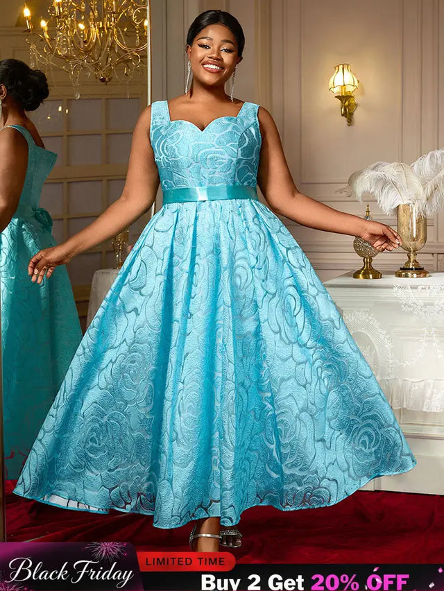 AOMEIDRESS Elegant Jacquard Floral A Line Pleated Wedding Guests Dress LightBlue / S
