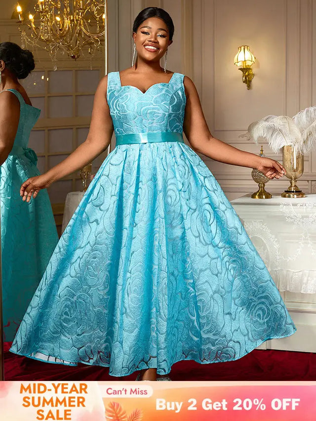 AOMEIDRESS Elegant Jacquard Floral A Line Pleated Wedding Guests Dress LightBlue / S