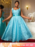 AOMEIDRESS Elegant Jacquard Floral A Line Pleated Wedding Guests Dress LightBlue / S