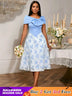 AOMEIDRESS Elegant Jacquard Midi A Line Wedding Guests Dress Big Bow LightBlue / S