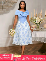 AOMEIDRESS Elegant Jacquard Midi A Line Wedding Guests Dress Big Bow LightBlue / S