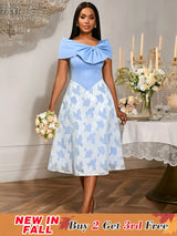AOMEIDRESS Elegant Jacquard Midi A Line Wedding Guests Dress Big Bow LightBlue / S