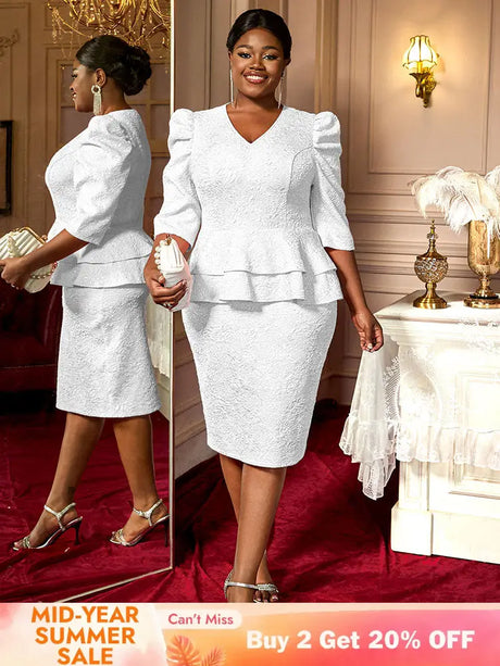 AOMEIDRESS Elegant Jacquard Package Hip Dresses For Wedding Guests White / 0XL