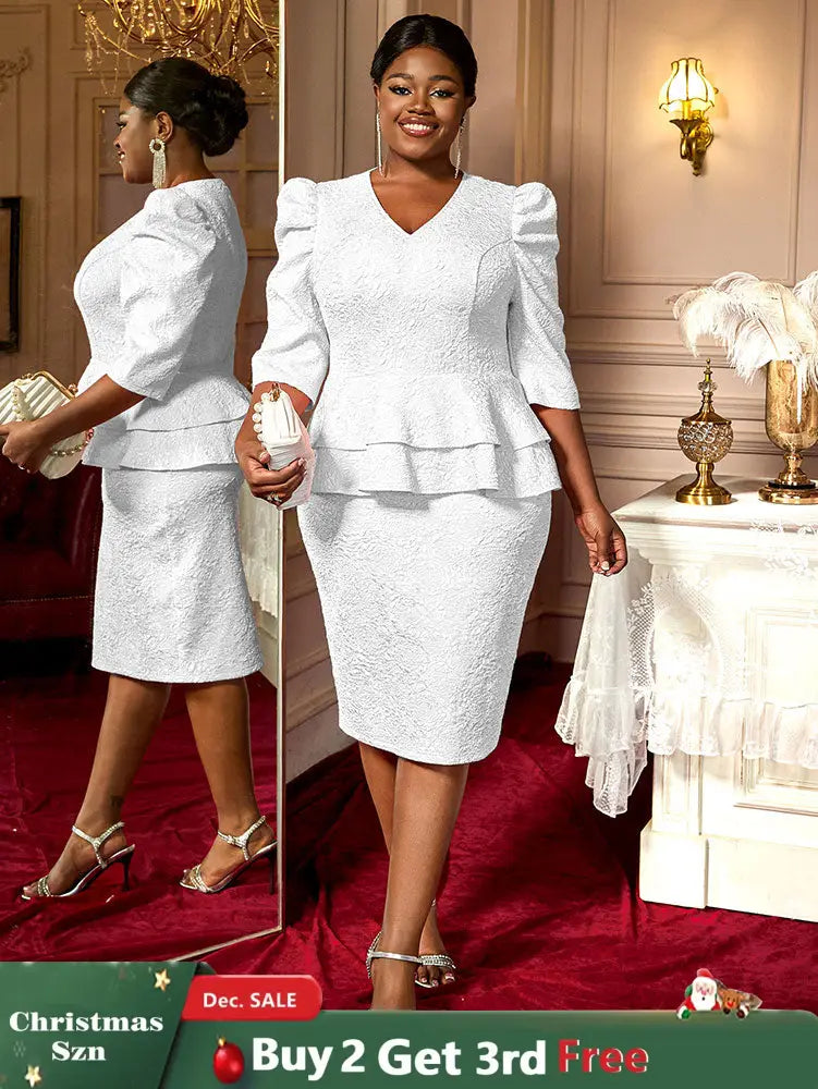 AOMEIDRESS Elegant Jacquard Package Hip Dresses For Wedding Guests White / 0XL