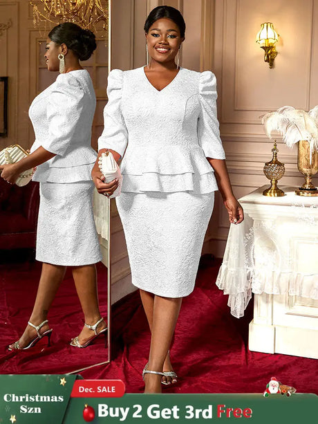 AOMEIDRESS Elegant Jacquard Package Hip Dresses For Wedding Guests White / 0XL