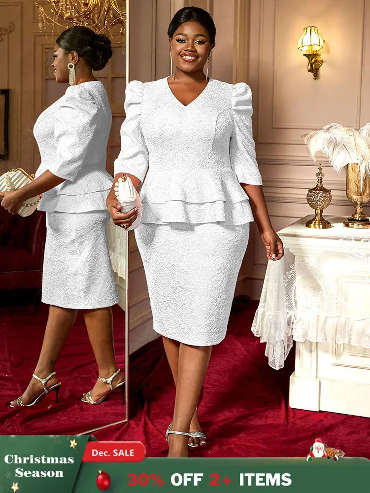 AOMEIDRESS Elegant Jacquard Package Hip Dresses For Wedding Guests White / 0XL