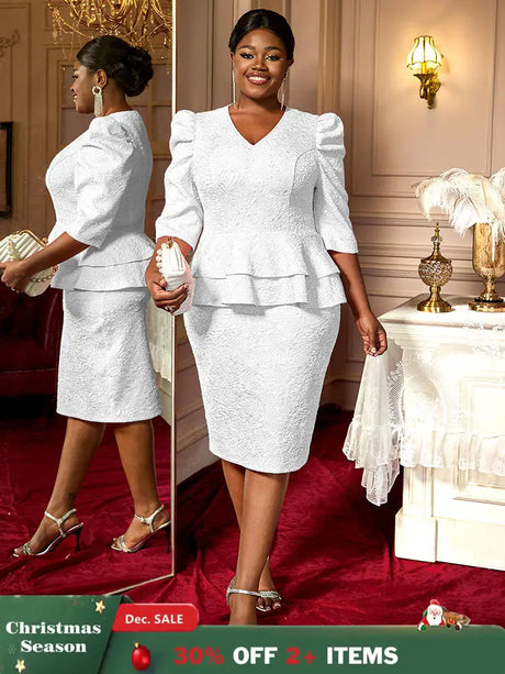 AOMEIDRESS Elegant Jacquard Package Hip Dresses For Wedding Guests White / 0XL