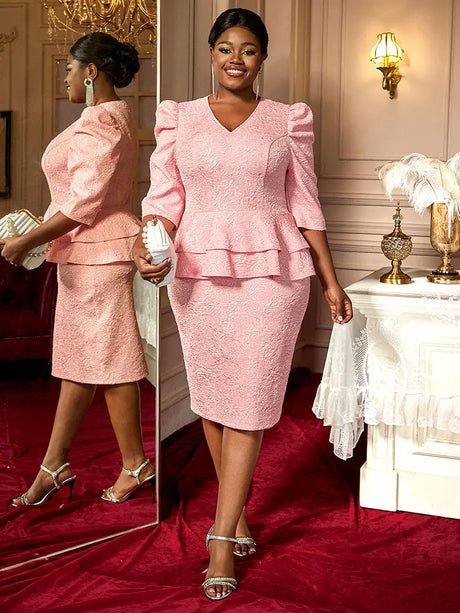 AOMEIDRESS Elegant Jacquard Package Hip Dresses For Wedding Guests Pink / 0XL