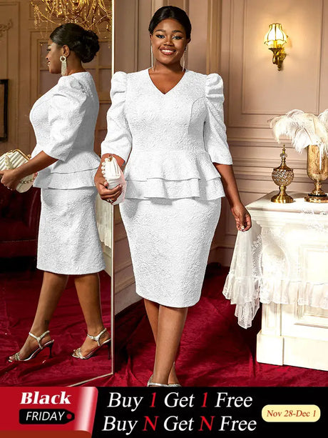 AOMEIDRESS Elegant Jacquard Package Hip Dresses For Wedding Guests White / 0XL