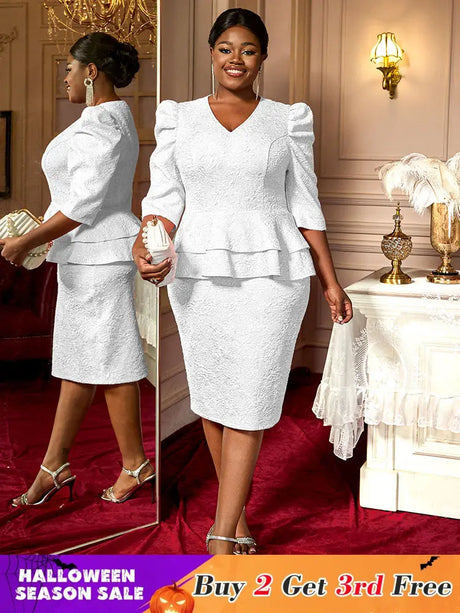 AOMEIDRESS Elegant Jacquard Package Hip Dresses For Wedding Guests White / 0XL