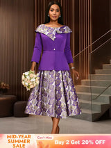 AOMEIDRESS Elegant Jacquard Two Piece Set Peplum Top A Line Skirt Purple / S