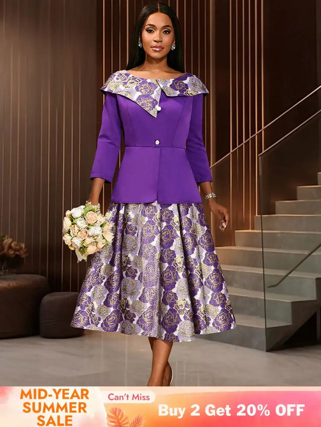 AOMEIDRESS Elegant Jacquard Two Piece Set Peplum Top A Line Skirt Purple / S