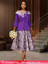 AOMEIDRESS Elegant Jacquard Two Piece Set Peplum Top A Line Skirt Purple / S