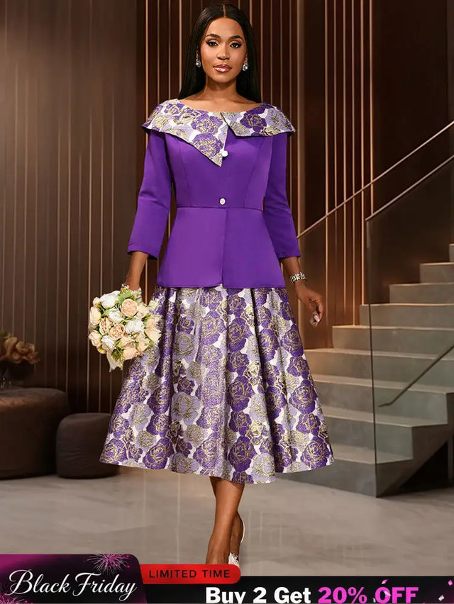 AOMEIDRESS Elegant Jacquard Two Piece Set Peplum Top A Line Skirt Purple / S