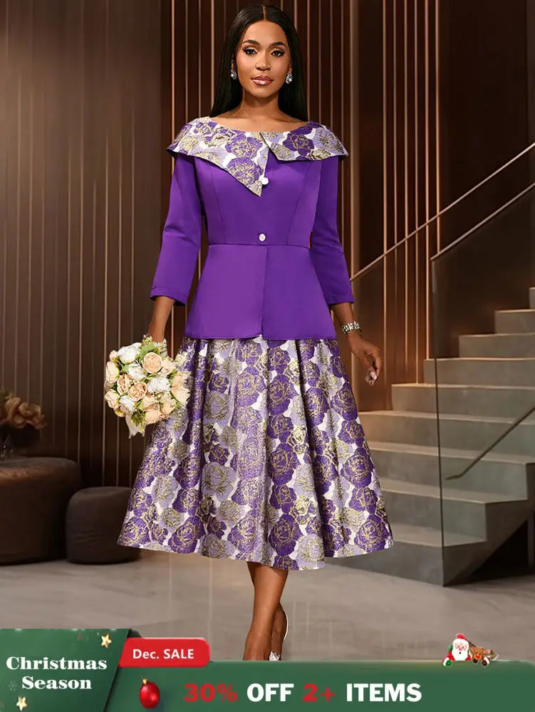 AOMEIDRESS Elegant Jacquard Two Piece Set Peplum Top A Line Skirt Purple / S