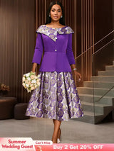 AOMEIDRESS Elegant Jacquard Two Piece Set Peplum Top A Line Skirt Purple / S