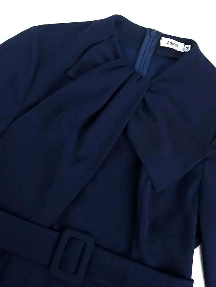 AOMEIDRESS Elegant Knee Length Dress for Office Party Bow Waist Belt