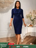 AOMEIDRESS Elegant Knee Length Dress for Office Party Bow Waist Belt Navy / S