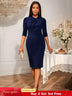 AOMEIDRESS Elegant Knee Length Dress for Office Party Bow Waist Belt Navy / S