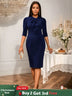 AOMEIDRESS Elegant Knee Length Dress for Office Party Bow Waist Belt Navy / S