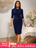 AOMEIDRESS Elegant Knee Length Dress for Office Party Bow Waist Belt Navy / S