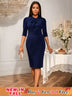 AOMEIDRESS Elegant Knee Length Dress for Office Party Bow Waist Belt Navy / S