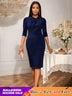 AOMEIDRESS Elegant Knee Length Dress for Office Party Bow Waist Belt Navy / S