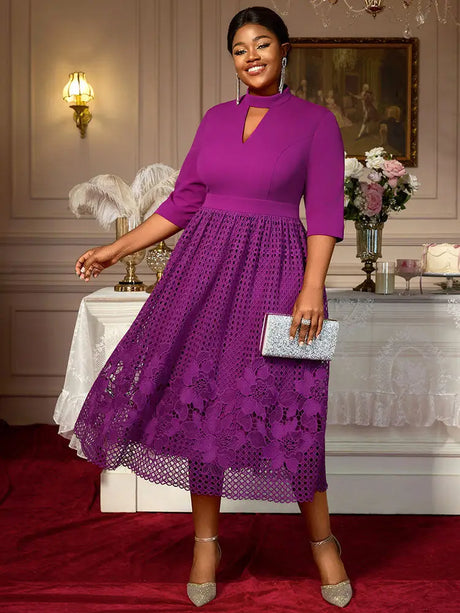 AOMEIDRESS Elegant Lace A Line Pleated Work Dresses Half High Collar