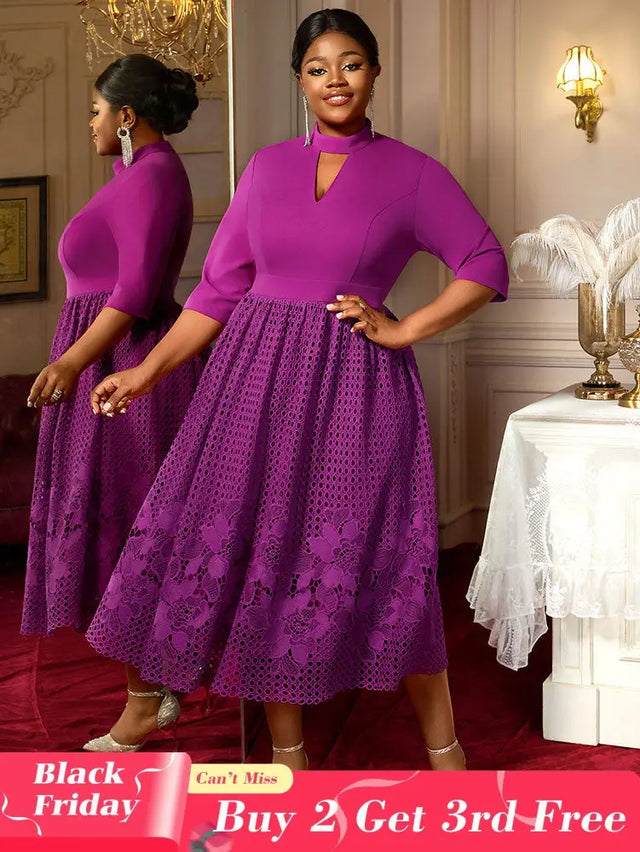 AOMEIDRESS Elegant Lace A Line Pleated Work Dresses Half High Collar Purple / S