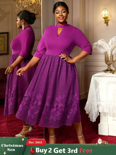 AOMEIDRESS Elegant Lace A Line Pleated Work Dresses Half High Collar Purple / S