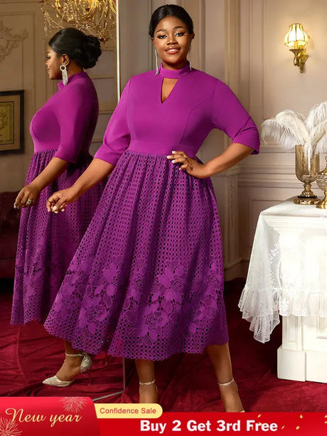 AOMEIDRESS Elegant Lace A Line Pleated Work Dresses Half High Collar Purple / S