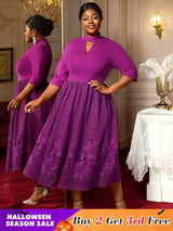 AOMEIDRESS Elegant Lace A Line Pleated Work Dresses Half High Collar Purple / S