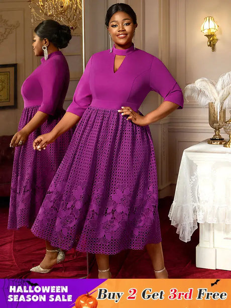 AOMEIDRESS Elegant Lace A Line Pleated Work Dresses Half High Collar Purple / S