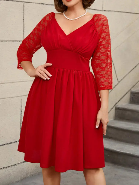 AOMEIDRESS Elegant Lace Midi A Line Wedding Guest Dress V Neck Pleated