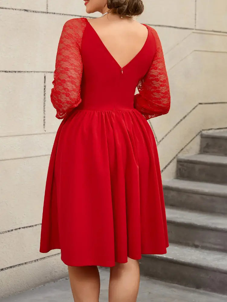 AOMEIDRESS Elegant Lace Midi A Line Wedding Guest Dress V Neck Pleated