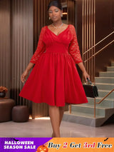 AOMEIDRESS Elegant Lace Midi A Line Wedding Guest Dress V Neck Pleated Red / 0XL