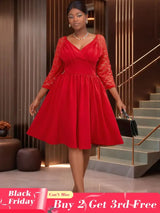 AOMEIDRESS Elegant Lace Midi A Line Wedding Guest Dress V Neck Pleated Red / 0XL