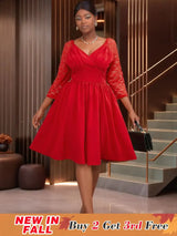 AOMEIDRESS Elegant Lace Midi A Line Wedding Guest Dress V Neck Pleated Red / 0XL