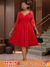 AOMEIDRESS Elegant Lace Midi A Line Wedding Guest Dress V Neck Pleated Red / 0XL