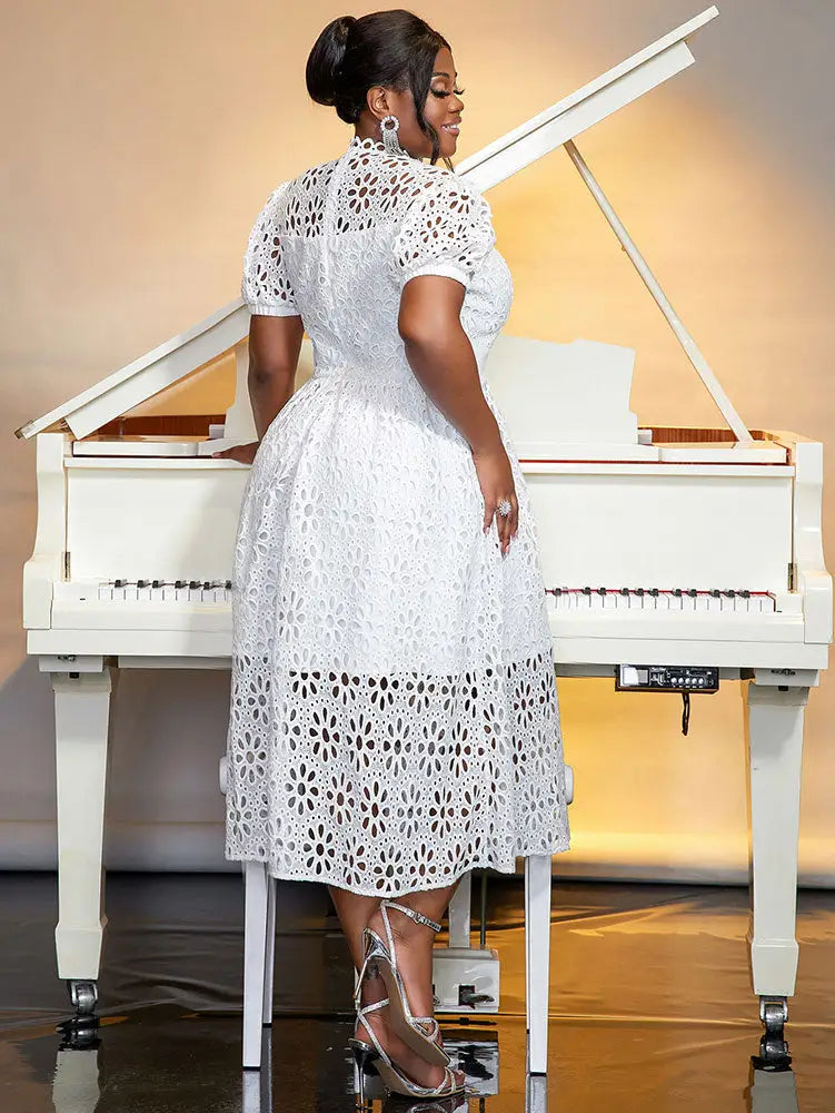 AOMEIDRESS Elegant Lace Midi A Line Wedding Guests Dress Puff Sleeve