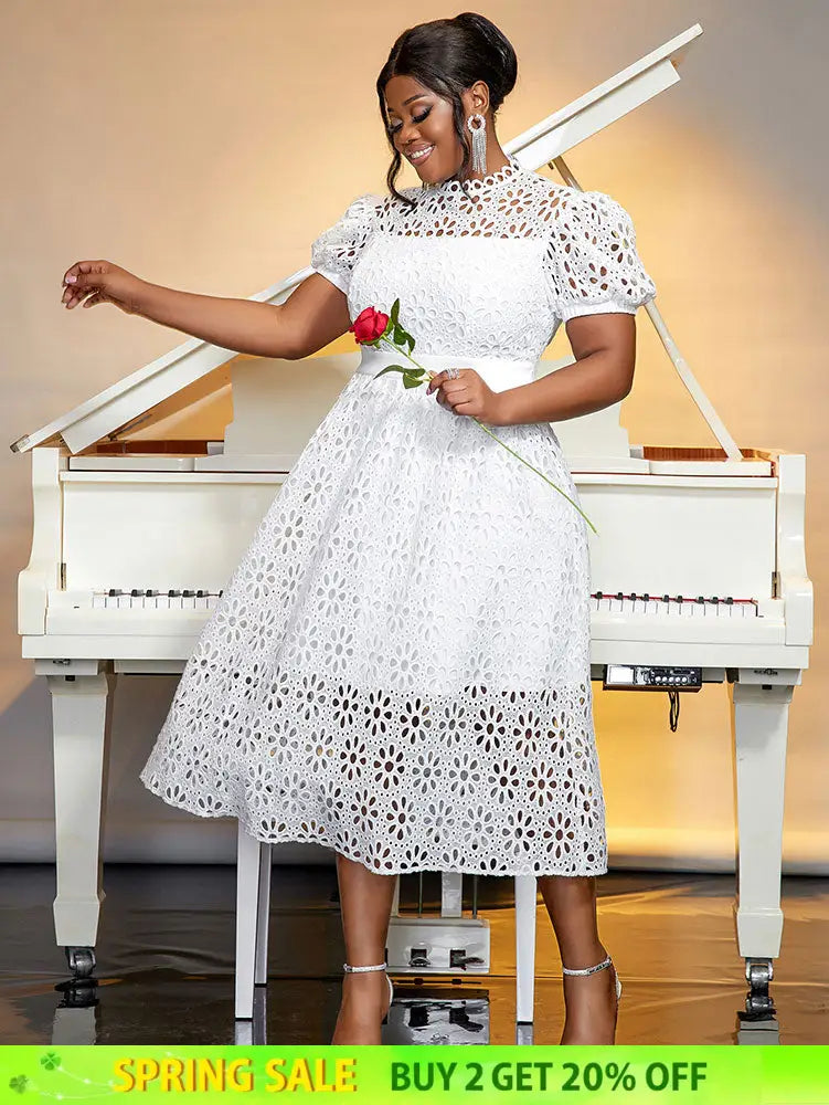 AOMEIDRESS Elegant Lace Midi A Line Wedding Guests Dress Puff Sleeve White / 0XL