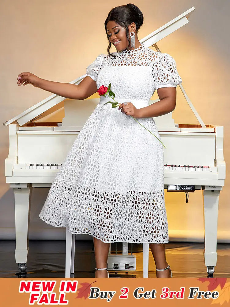 AOMEIDRESS Elegant Lace Midi A Line Wedding Guests Dress Puff Sleeve White / 0XL