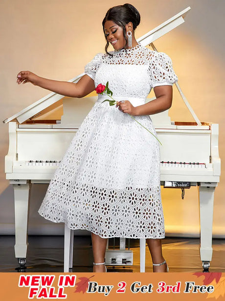 AOMEIDRESS Elegant Lace Midi A Line Wedding Guests Dress Puff Sleeve White / 0XL